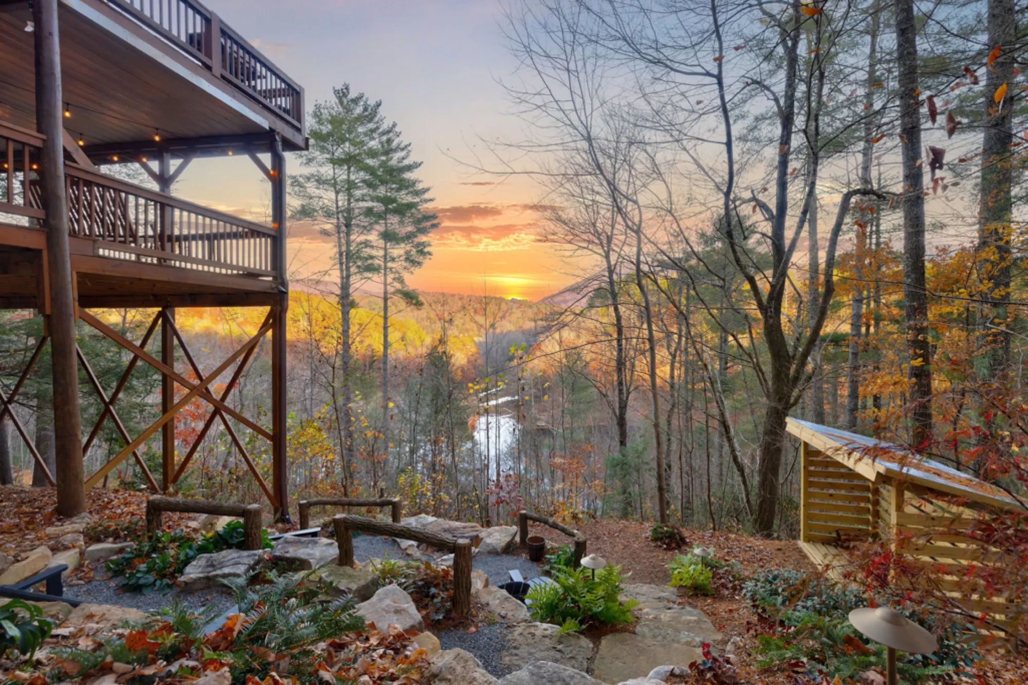 Sunset views of the mountain and lake from our upper fire pit