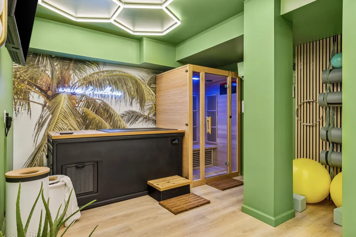 Cold plunge, infrared sauna, yoga